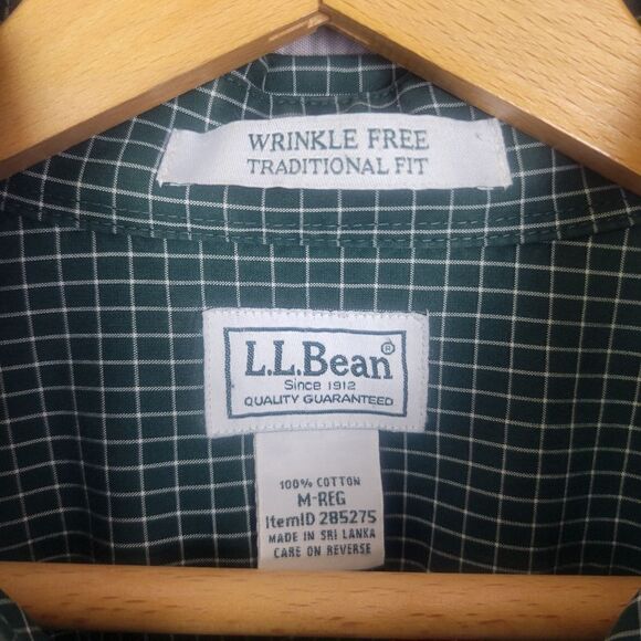 LL Bean Green White Checkered Long Sleeve Button Down Shirt Wrinkle Free Medium - Picture 2 of 5